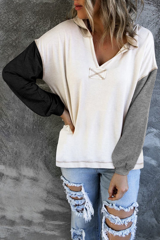 Colorblock V Neck Long Sleeve Hoodie