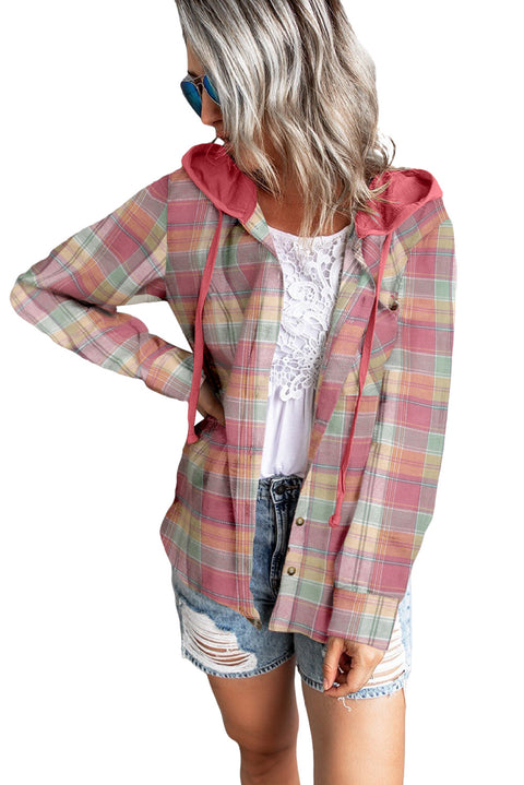 Khaki Drawstring Plaid Hooded Shirt Coat