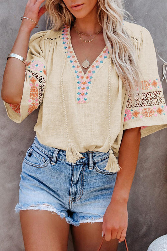 Beige Tassel Drawstring Embroidered Half Sleeve V Neck Top - HannaBanna Clothing