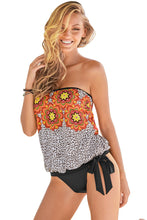 Retro Floral Leopard Pattern Strapless Tankini Set