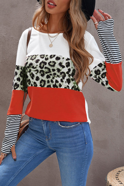 Stripes Leopard Splicing Colorblock Long Sleeve Top