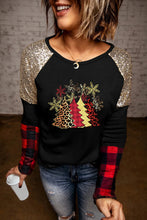 Crewneck Lantern Sleeve Plaid Sequin Splicing Pullover Sweatshirt