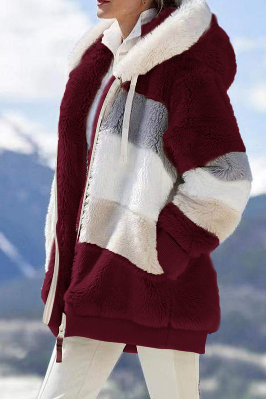 Wine Red Colorblock Zip Up Sherpa Coat with Hooded