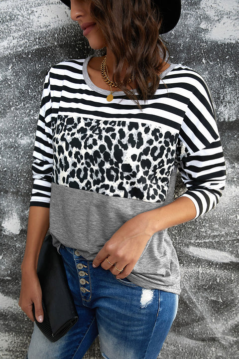 Striped Leopard Block Splicing Long Sleeve Top