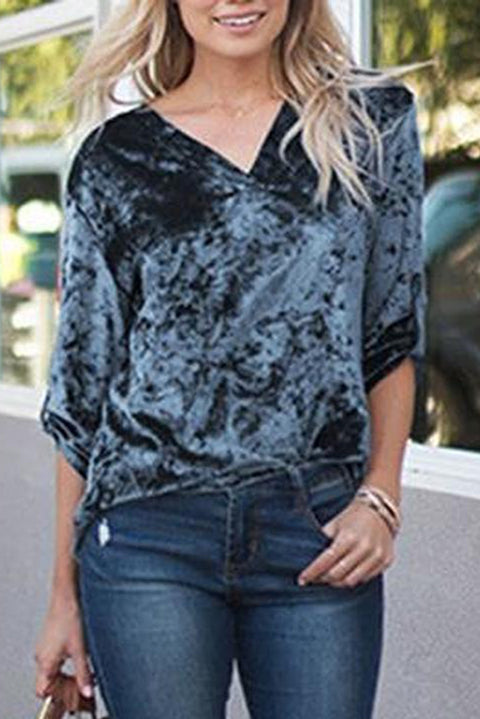 V Neck Roll-tab Sleeve Velvet Top