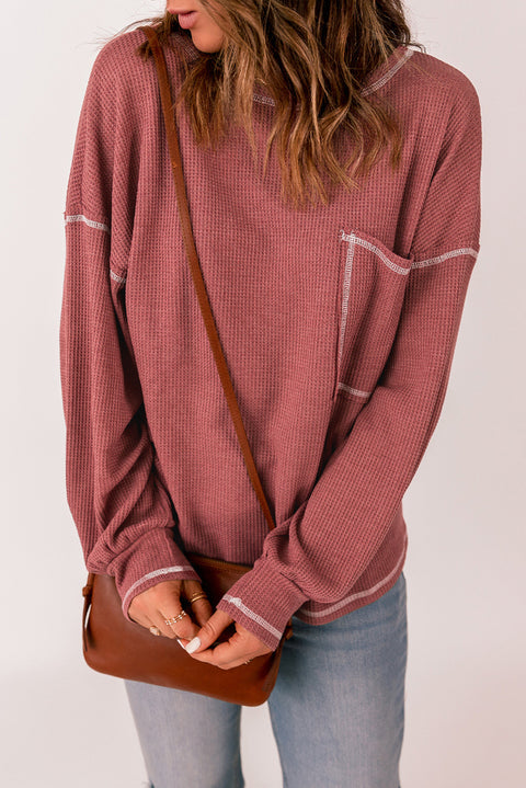 Contrast Stitching Trim Waffle Knit Pullover