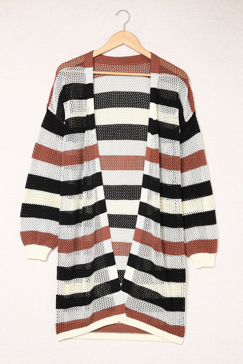 Striped Color Block Hollowed Knit Cardigan