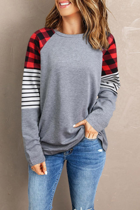 Buffalo Plaid & Stripe Splicing Long Sleeve Top - HannaBanna Clothing