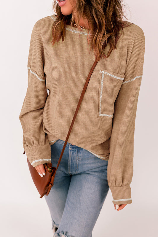 Contrast Stitching Trim Waffle Knit Pullover