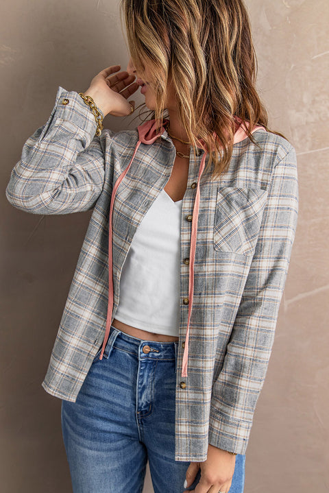 Khaki Drawstring Plaid Hooded Shirt Coat