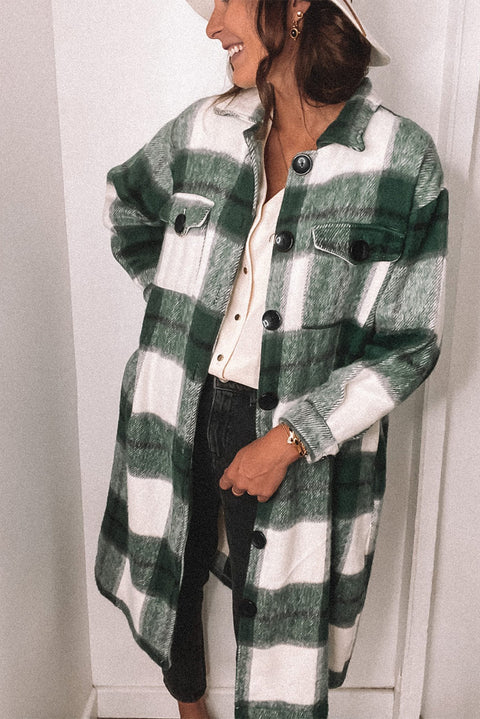 Khaki Shirt Collar Button Closure Plaid Coat