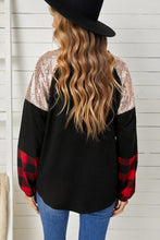 Crewneck Lantern Sleeve Plaid Sequin Splicing Pullover Sweatshirt