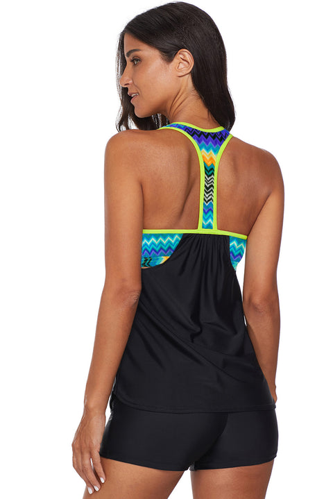 Blouson Striped Printed Strappy T-Back Push up Tankini Top