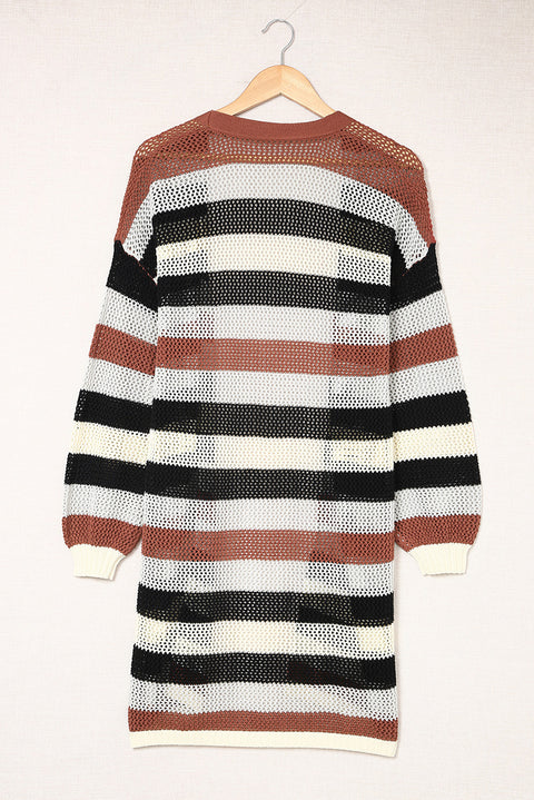 Striped Color Block Hollowed Knit Cardigan