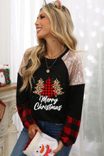 Crewneck Lantern Sleeve Plaid Sequin Splicing Pullover Sweatshirt