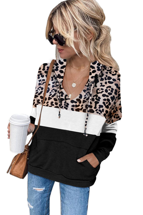 Leopard Splicing Kangaroo Pocket Drawstring Hoodie