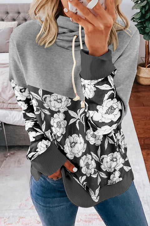 Floral Splicing Cowl Neck Hoodie