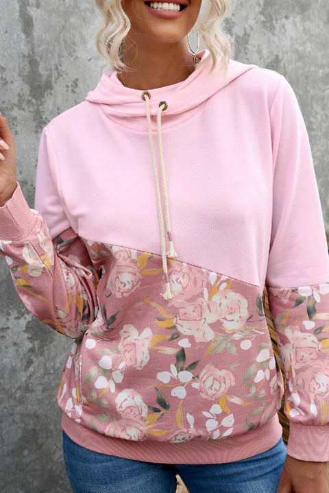 Floral Splicing Cowl Neck Hoodie