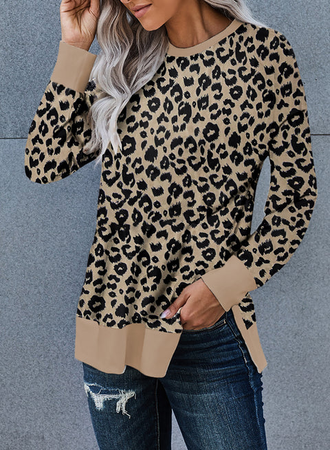 Women's Round Neck Long Sleeve Leopard Print Loose Fit Sweatshirt