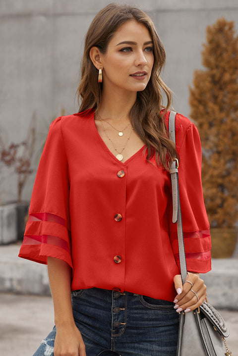 Flare Sleeve V Neck Button Down Blouse