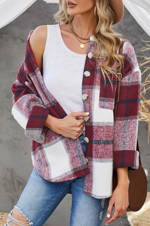 Plaid Color Block Buttoned Long Sleeve Jacket with Pocket