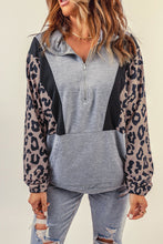 Pocketed Half Zip Leopard Pullover Sweatshirt