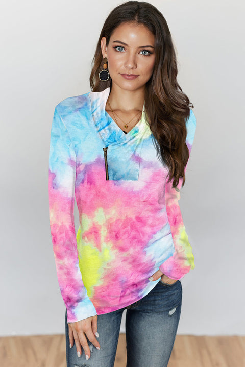 Tie-dye Print Zipper Pullover Top