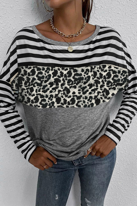 Striped Leopard Block Splicing Long Sleeve Top