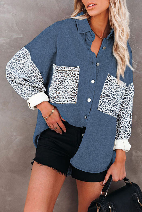 Sky Blue Contrast Leopard Denim Jacket