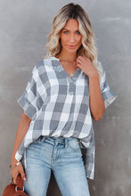 Plaid Print Loose V Neck Short Sleeve Shirt with Slits