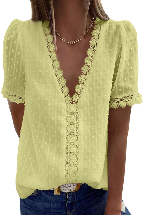 Lace Splicing V-Neck Swiss Dot Short Sleeve Top