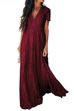 Burgundy Deep V Neck Short Sleeve Lace Maxi Dress