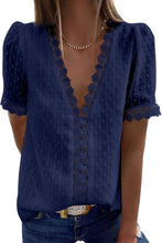 Lace Splicing V-Neck Swiss Dot Short Sleeve Top