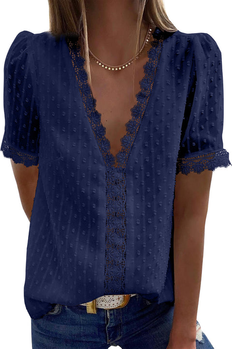 Lace Splicing V-Neck Swiss Dot Short Sleeve Top