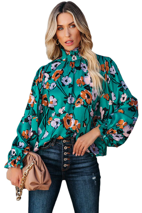 Floral Print Smocked Mock Neck Blouse