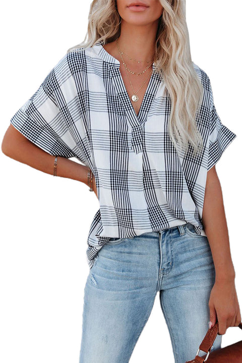 Plaid Print Loose V Neck Short Sleeve Shirt with Slits