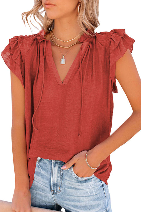 Tiered Ruffled Drawstring V Neck Top