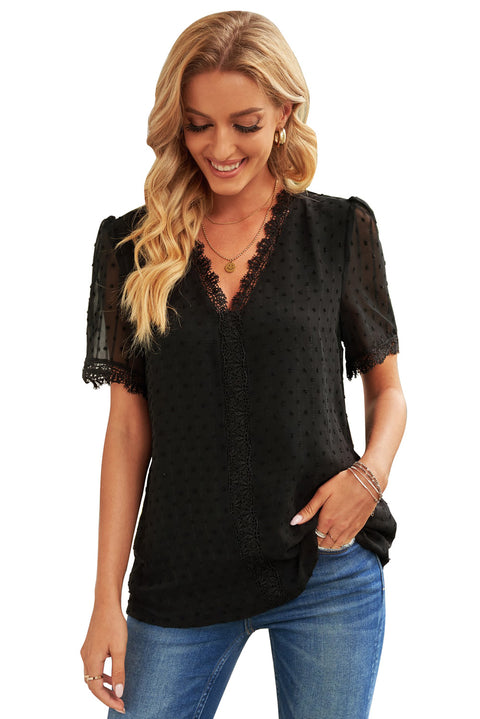 Lace Splicing V-Neck Swiss Dot Short Sleeve Top