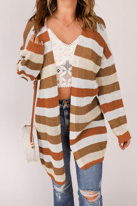 Striped Color Block Hollowed Knit Cardigan