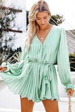 Pleated Ruffled Tie Waist Buttons V Neck Romper