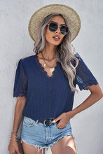 Lace Splicing V-Neck Swiss Dot Short Sleeve Top