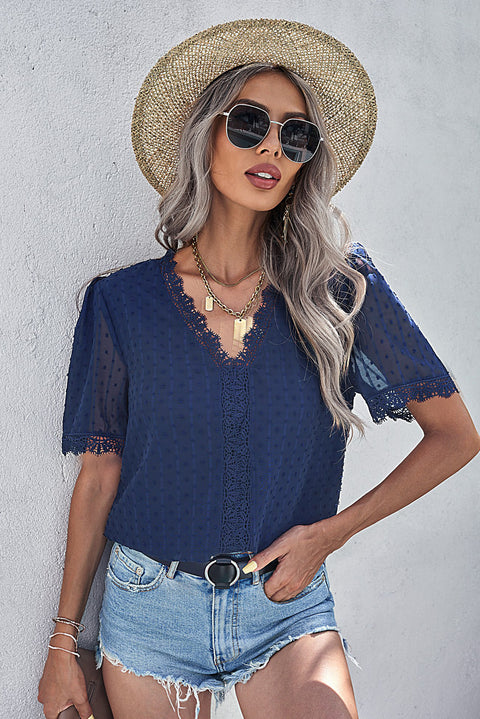 Lace Splicing V-Neck Swiss Dot Short Sleeve Top