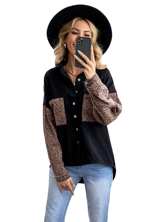 Sky Blue Contrast Leopard Denim Jacket