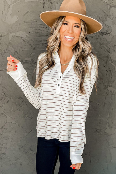 Striped Ribbed Knit Polo Top