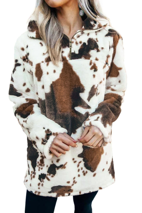 Zip Collar Cow Print Fleece Sweatshirt