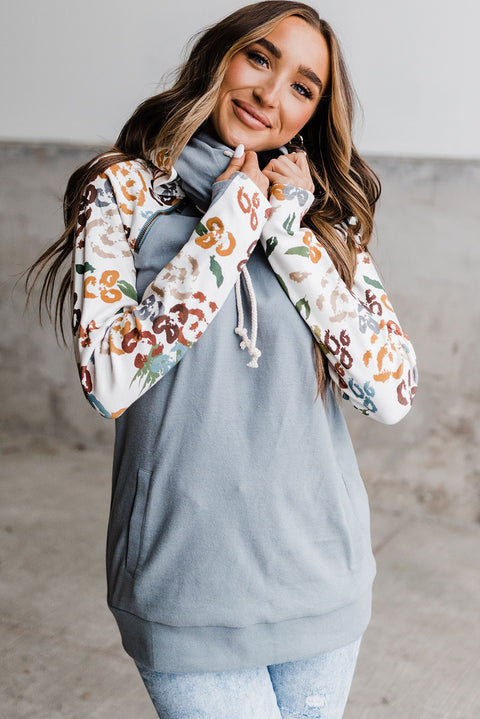 Print Sleeve Patchwork Hoodie with Pocket