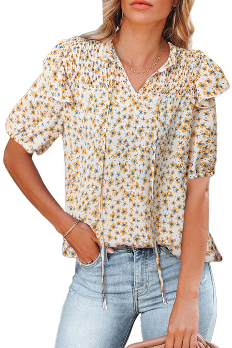 Floral Print Smocked Ruffled V Neck T-shirt