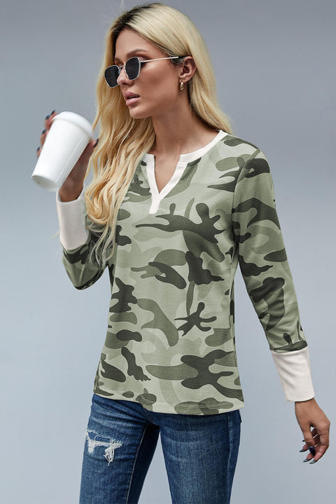 Long Sleeve Cutout V Neck Camo Top