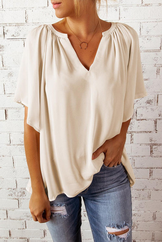 Beige Split Neck Pleated Loose Blouse - HannaBanna Clothing