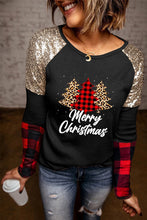 Crewneck Lantern Sleeve Plaid Sequin Splicing Pullover Sweatshirt